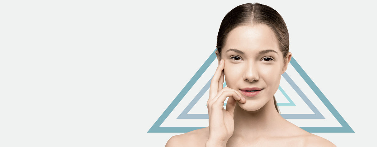 AcuMicro skincare portrait with the signature aqua triangle